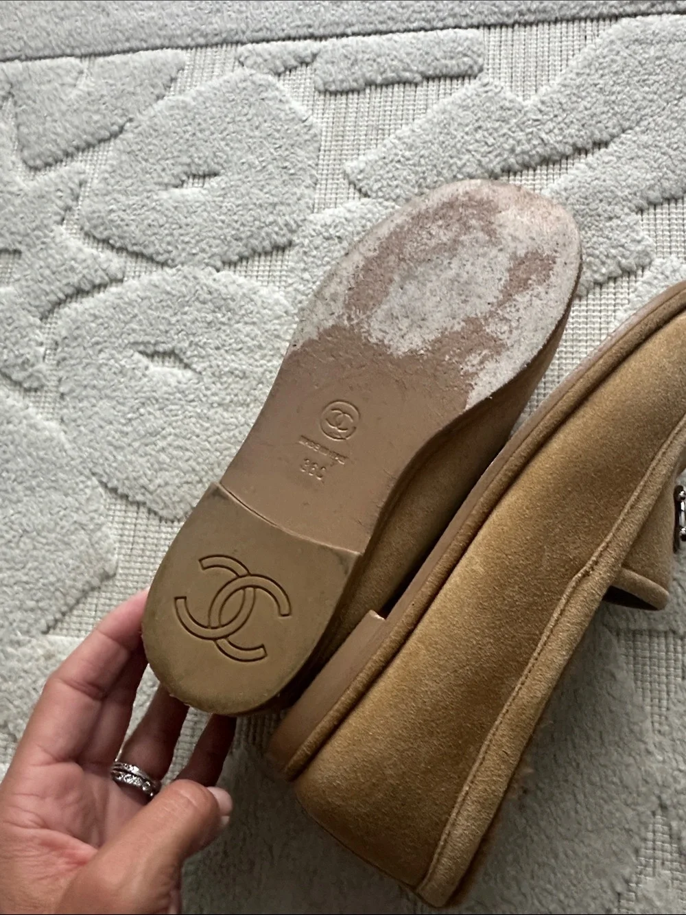 Chanel silver CC suede calfskin loafers size 36